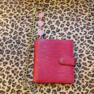 Authentic Louis Vuitton Red Epi Leather Snap Compact Wallet with Chain.